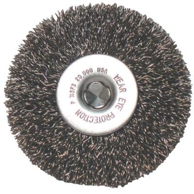 Anchor Brand Crimped Wheel Brushes, Bristle Diam:0.008 in, Bristle Material:Carbon Steel, Arbor Diam [Nom]:1/4 in Stem