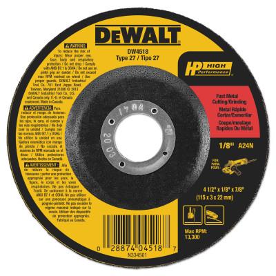 DeWalt® Type 27 Depressed Center Wheels, Abrasive Material:Aluminum Oxide, Grit:A24R, Speed [Max]:13,300 rpm, Dia. [Nom]:4 1/2 in