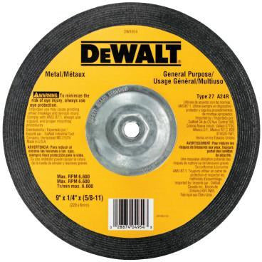 DeWalt® Type 27 Depressed Center Wheels, Abrasive Material:Aluminum Oxide, Grit:A24R, Speed [Max]:6,600 rpm, Dia. [Nom]:9 in