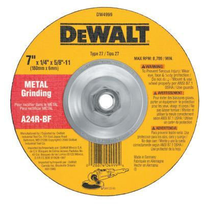 DeWalt® Type 27 Depressed Center Wheels, Abrasive Material:Aluminum Oxide, Grit:A24R, Speed [Max]:8,500 rpm, Dia. [Nom]:7 in