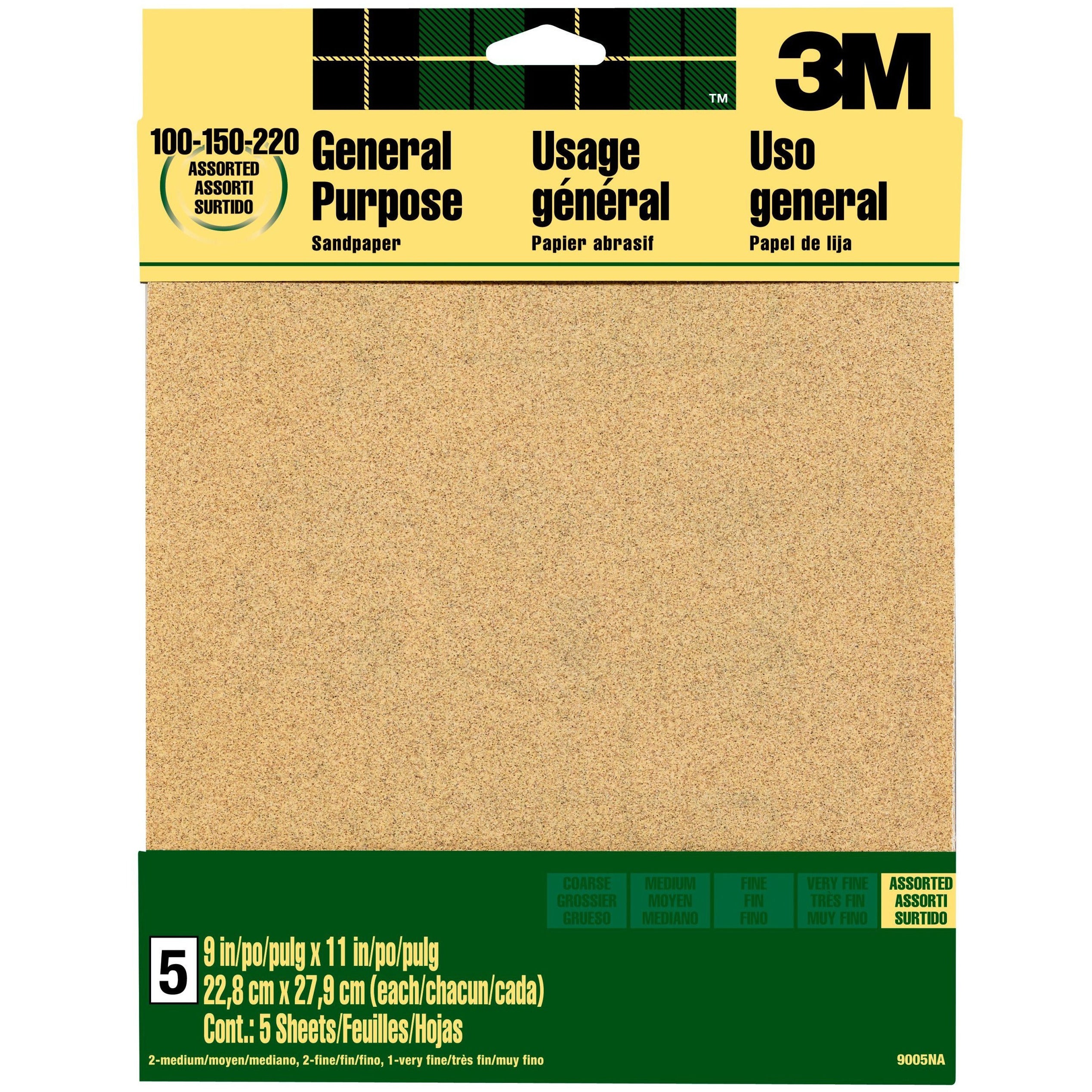 3M Aluminum Oxide Sandpaper, 9 in. x 11 in., Assorted Grits, 5/Pack