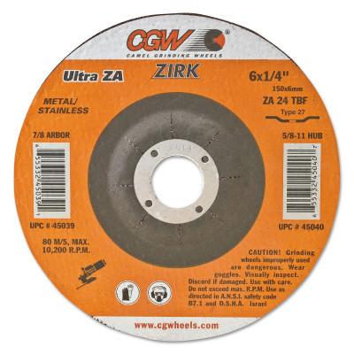 CGW Abrasives Depressed Center Wheels- 1/4" Grinding, Type 27, Arbor Diam [Nom]:7/8 in, Abrasive Material:Zirconia Aluminum Oxide