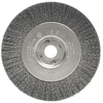 Weiler® Narrow Face Crimped Wire Wheels, Face Width:1/2 in, Bristle Material:Steel, Bristle Diam:0.008 in, Arbor Diam [Nom]:1/2 in-3/8 in