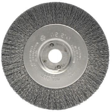 Weiler® Narrow Face Crimped Wire Wheels, Face Width:1/2 in, Bristle Material:Steel, Bristle Diam:0.0095 in, Arbor Diam [Nom]:1/2 in-3/8 in