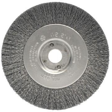 Weiler® Narrow Face Crimped Wire Wheels, Face Width:1/2 in, Bristle Material:Steel, Bristle Diam:0.0118 in, Arbor Diam [Nom]:1/2 in-3/8 in