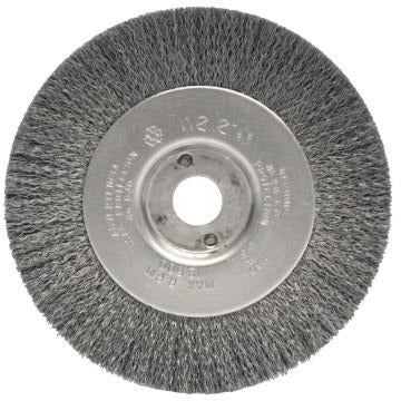 Weiler® Narrow Face Crimped Wire Wheels, Face Width:1/2 in, Bristle Material:Steel, Bristle Diam:0.014 in, Arbor Diam [Nom]:1/2 in-3/8 in