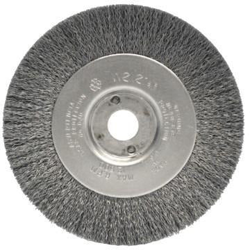 Weiler® Narrow Face Crimped Wire Wheels, Face Width:1/2 in, Bristle Material:Stainless Steel, Bristle Diam:0.006 in, Arbor Diam [Nom]:1/2 in-3/8 in