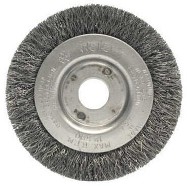 Weiler® Narrow Face Crimped Wire Wheels, Face Width:7/16 in, Bristle Material:Steel, Bristle Diam:0.006 in, Arbor Diam [Nom]:1/2 in-3/8 in