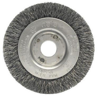 Weiler® Narrow Face Crimped Wire Wheels, Face Width:7/16 in, Bristle Material:Steel, Bristle Diam:0.008 in, Arbor Diam [Nom]:1/2 in-3/8 in