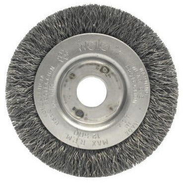 Weiler® Narrow Face Crimped Wire Wheels, Face Width:7/16 in, Bristle Material:Stainless Steel, Bristle Diam:0.0118 in, Arbor Diam [Nom]:1/2 in-3/8 in