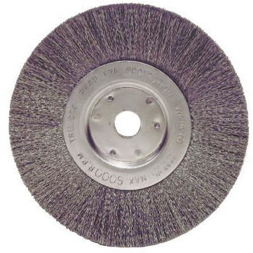 Weiler® Narrow Face Crimped Wire Wheels, Face Width:3/4 in, Bristle Material:Steel, Bristle Diam:0.0118 in, Arbor Diam [Nom]:5/8 in - 1/2 in