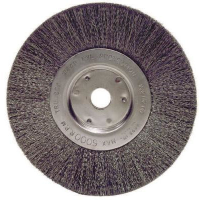 Weiler® Narrow Face Crimped Wire Wheels, Face Width:3/4 in, Bristle Material:Stainless Steel, Bristle Diam:0.006 in, Arbor Diam [Nom]:5/8 in - 1/2 in