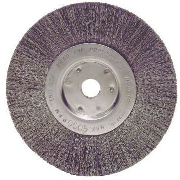 Weiler® Narrow Face Crimped Wire Wheels, Face Width:3/4 in, Bristle Material:Stainless Steel, Bristle Diam:0.0104 in, Arbor Diam [Nom]:5/8 in - 1/2 in