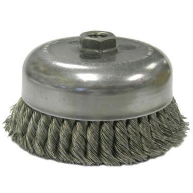 Weiler® Single Row Heavy-Duty Knot Wire Cup Brushes, Wire Material:Stainless Steel, Arbor Thread - TPI or Pitch:1/2 in - 13 UNC, Bristle Diam:0.02 in