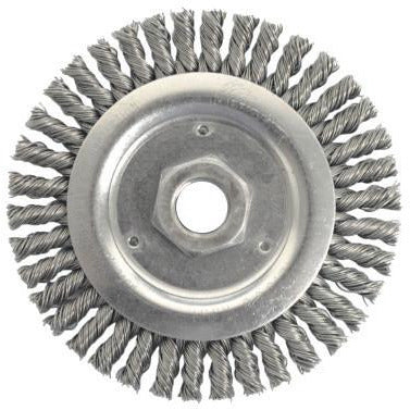 Weiler® Roughneck® Stringer Bead Wheels, Bristle Material:Stainless Steel, Speed [Max]:12,500 rpm, Bristle Diam:0.020 in, No. of Knots:38