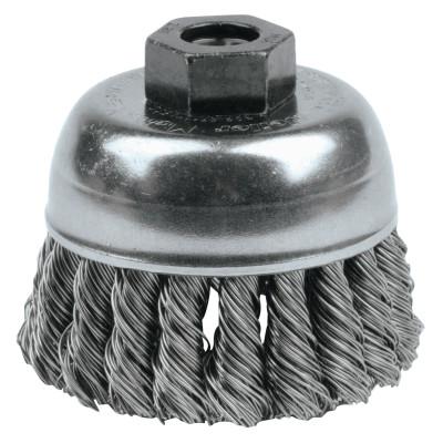 Weiler® Single Row Heavy-Duty Knot Wire Cup Brushes, Wire Material:Stainless Steel, Arbor Thread - TPI or Pitch:M10 x 1.25, Bristle Diam:0.02 in