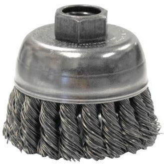 Weiler® Single Row Heavy-Duty Knot Wire Cup Brushes, Wire Material:Steel, Arbor Thread - TPI or Pitch:3/8 in - 24 UNF, Bristle Diam:0.02 in