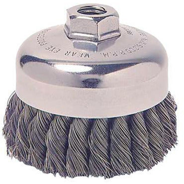 Weiler® Single Row Heavy-Duty Knot Wire Cup Brushes, Wire Material:Steel, Arbor Thread - TPI or Pitch:1/2 in - 13 UNC, Bristle Diam:0.02 in