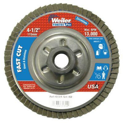 Weiler® Vortec Pro® Abrasive Flap Discs, Mounting:Threaded Hole, Grit:40, Speed [Max]:13,000 rpm