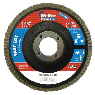 Weiler® Vortec Pro® Abrasive Flap Discs, Mounting:Arbor Hole, Grit:60, Speed [Max]:13,000 rpm