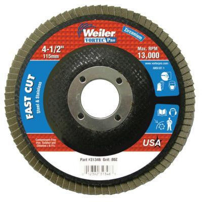 Weiler® Vortec Pro® Abrasive Flap Discs, Mounting:Arbor Hole, Grit:80, Speed [Max]:13,000 rpm