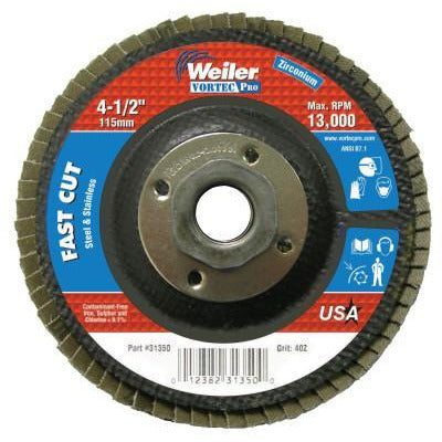 Weiler® Vortec Pro® Abrasive Flap Discs, Mounting:Threaded Hole, Grit:40, Speed [Max]:13,000 rpm