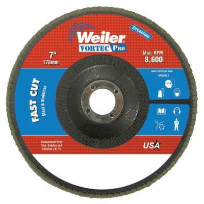 Weiler® Vortec Pro® Abrasive Flap Discs, Mounting:Arbor Hole, Grit:36, Speed [Max]:8,600 rpm