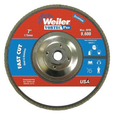 Weiler® Vortec Pro® Abrasive Flap Discs, Mounting:Threaded Hole, Grit:36, Speed [Max]:8,600 rpm