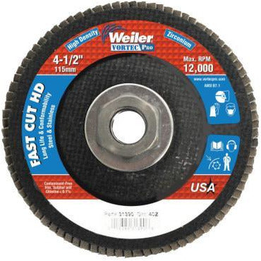 Weiler® Vortec Pro® Abrasive Flap Discs, Mounting:Threaded Hole, Grit:40, Speed [Max]:12,000 rpm