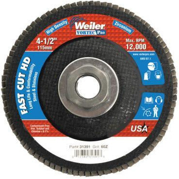 Weiler® Vortec Pro® Abrasive Flap Discs, Mounting:Threaded Hole, Grit:60, Speed [Max]:12,000 rpm