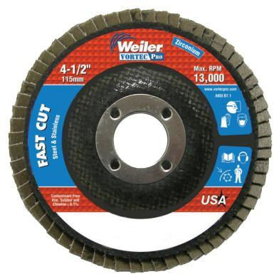 Weiler® Vortec Pro® Abrasive Flap Discs, Mounting:Arbor Hole, Grit:36, Speed [Max]:13,000 rpm