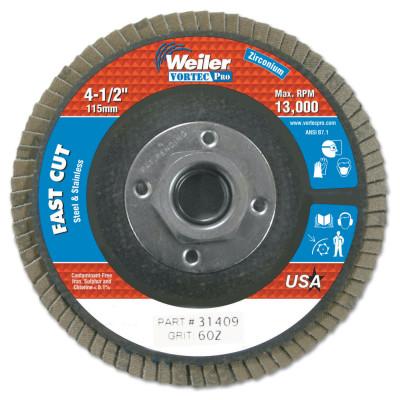 Weiler® Vortec Pro® Abrasive Flap Discs, Mounting:Threaded Hole, Grit:60, Speed [Max]:13,000 rpm