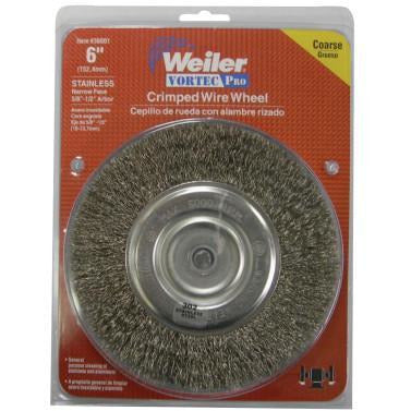 Weiler® Vortec Pro® Crimped Wire Wheels, Packing Type:Display Pack, Type:Narrow Face, Speed [Max]:6,000 rpm, Bristle Diam:0.014 in, Bristle Material:Stainless Steel