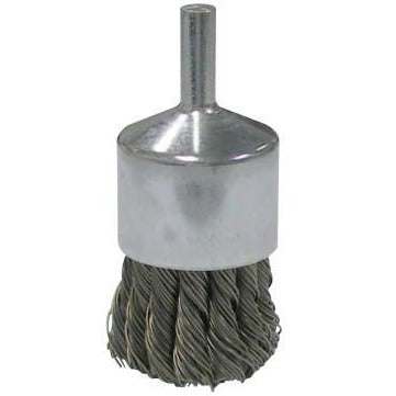 Weiler® Vortec Pro® Stem Mounted Knot Wire End Brushes, Bristle Diam:0.02 in