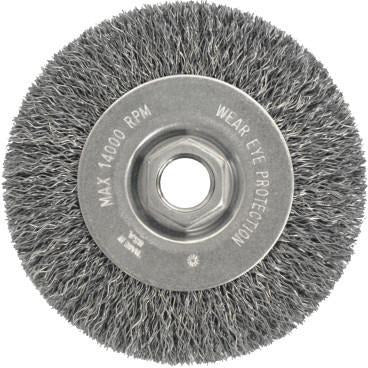 Weiler® Vortec Pro® Crimped Wire Wheels, Packing Type:Boxed, Type:Narrow Face, Speed [Max]:14,000 rpm, Bristle Diam:0.014 in, Bristle Material:Carbon Steel
