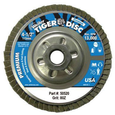 Weiler® Tiger® Disc Angled Style Flap Discs, Body Material:Aluminum Backing, Arbor Diam [Nom]:5/8-11 in
