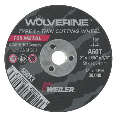 Weiler® Wolverine™ Thin Cutting Wheels, Tool Shape:Type 1, Grit:60, Arbor Diam [Nom]:1/4 in, Speed [Max]:30,000 rpm
