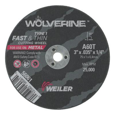 Weiler® Wolverine™ Thin Cutting Wheels, Tool Shape:Type 1, Grit:36, Arbor Diam [Nom]:1/16 in, Speed [Max]:19,000 rpm