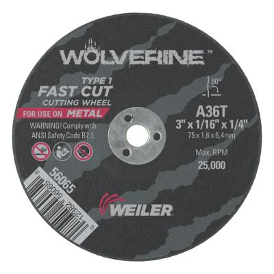 Weiler® Wolverine™ Thin Cutting Wheels, Tool Shape:Type 1, Grit:36, Arbor Diam [Nom]:1/4 in, Speed [Max]:25,000 rpm
