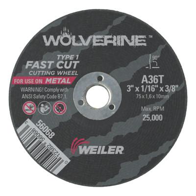 Weiler® Wolverine™ Thin Cutting Wheels, Tool Shape:Type 1, Grit:36, Arbor Diam [Nom]:3/8 in, Speed [Max]:25,000 rpm