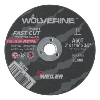 Weiler® Wolverine™ Thin Cutting Wheels, Tool Shape:Type 1, Grit:60, Arbor Diam [Nom]:3/8 in, Speed [Max]:25,000 rpm