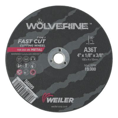 Weiler® Wolverine™ Thin Cutting Wheels, Tool Shape:Type 1, Grit:36, Arbor Diam [Nom]:3/8 in, Speed [Max]:19,000 rpm