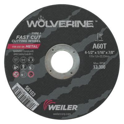 Weiler® Wolverine™ Thin Cutting Wheels, Tool Shape:Type 1, Grit:60, Arbor Diam [Nom]:7/8 in, Speed [Max]:13,500 rpm
