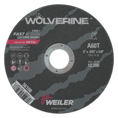Weiler® Wolverine™ Thin Cutting Wheels, Tool Shape:Type 1, Grit:60, Arbor Diam [Nom]:5/8 in, Speed [Max]:12,200 rpm