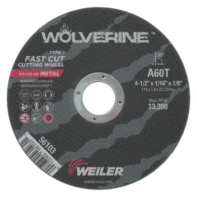 Weiler® Wolverine™ Thin Cutting Wheels, Tool Shape:Type 1, Grit:36, Arbor Diam [Nom]:7/8 in, Speed [Max]:12,200 rpm