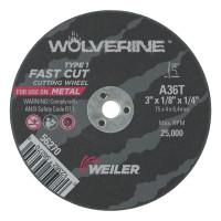 Weiler® Wolverine™ Thin Cutting Wheels, Tool Shape:Type 1, Grit:36, Arbor Diam [Nom]:1/4 in, Speed [Max]:25,000 rpm