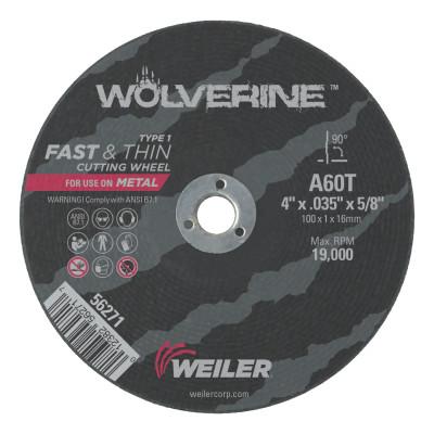 Weiler® Wolverine™ Thin Cutting Wheels, Tool Shape:Type 1, Grit:60, Arbor Diam [Nom]:5/8 in, Speed [Max]:19,000 rpm
