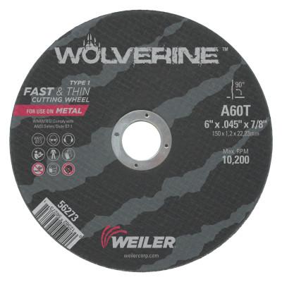 Weiler® Wolverine™ Thin Cutting Wheels, Tool Shape:Type 1, Grit:60, Arbor Diam [Nom]:7/8 in, Speed [Max]:10,200 rpm