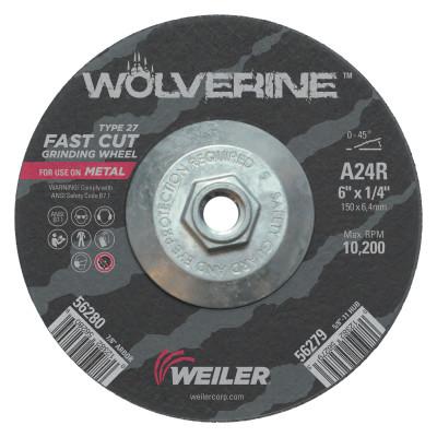 Weiler® Wolverine™ Thin Cutting Wheels, Tool Shape:Type 27, Grit:24, Arbor Diam [Nom]:5/8 in, Speed [Max]:10,200 rpm
