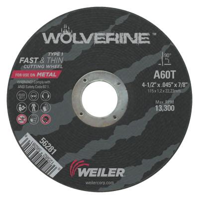 Weiler® Wolverine™ Thin Cutting Wheels, Tool Shape:Type I, Grit:60, Arbor Diam [Nom]:7/8 in, Speed [Max]:13,300 rpm